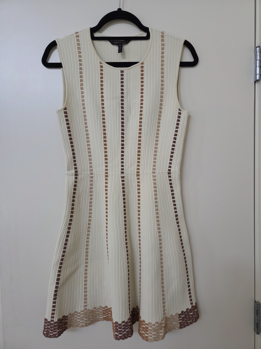 BCBG Max Azria Ivory Sleeveless Fit-and-Flare Dress with Brown Stripe Accents